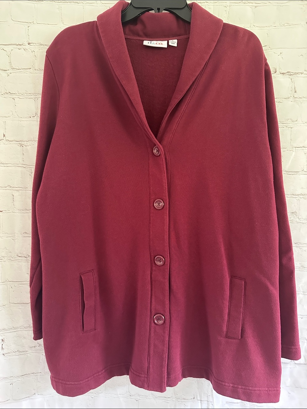 Denim & Co Cozy Button-Up Shawl Collar Sweatshirt Cardigan - Deep Berry size L